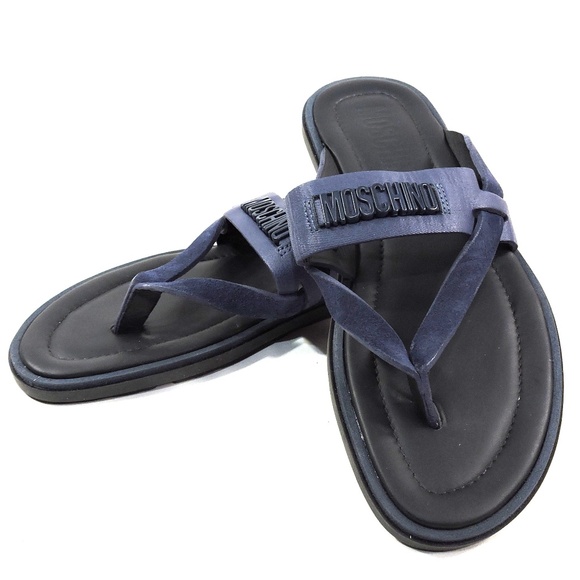 MOSCHINO ?? MEN\'S BLUE SOFT LEATHER COMFORT FLAT SUMMER SANDALS main image 4